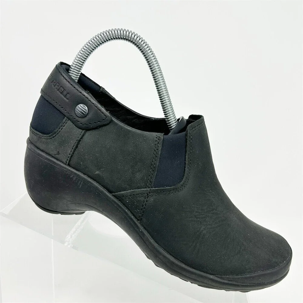 Merrell Womens Slip-On Wedge Comfort Shoes Black Elastic Gore Work Casual Size 8